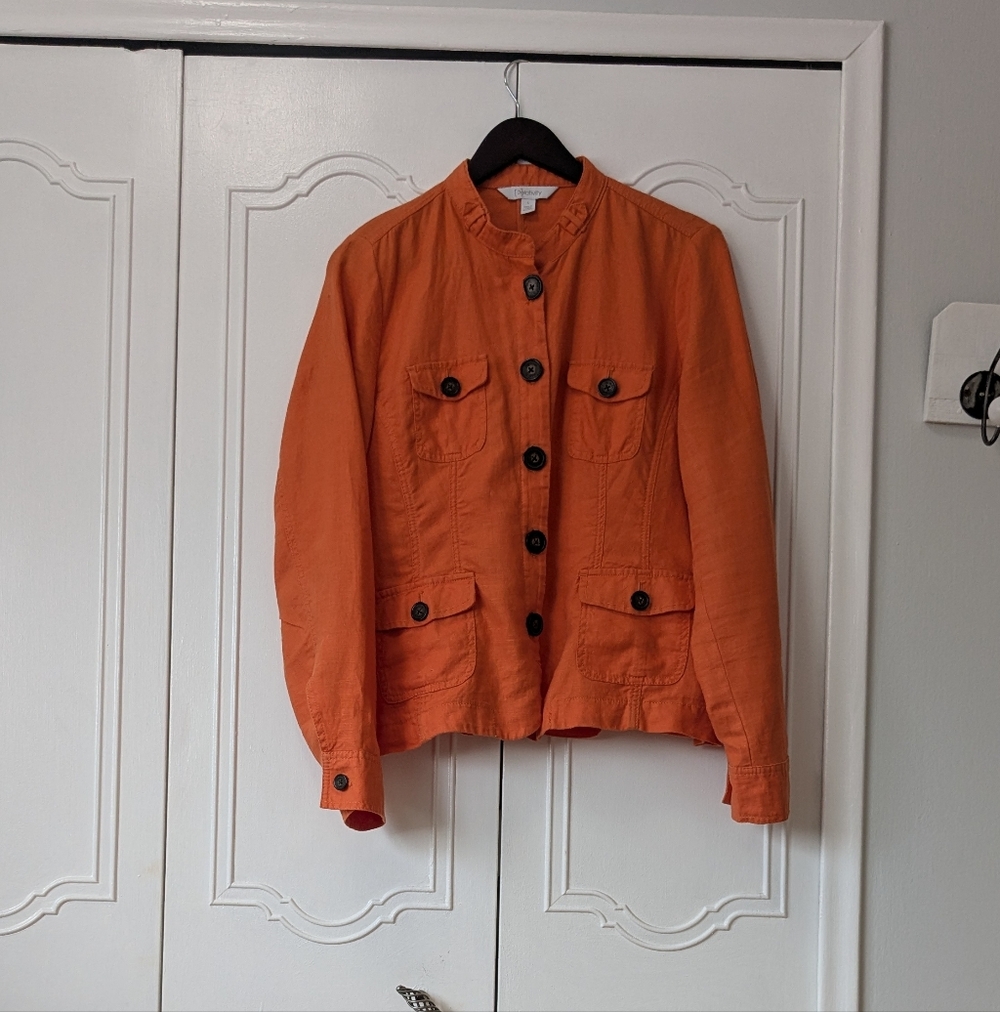 Relativity Women's Vibrant Orange Button-Up Jacket With Pockets 100% Linen Large